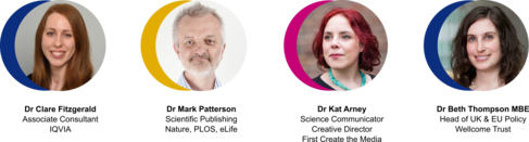 Outside the Lab panellist headshots: Dr Clare Fitzgerald, Dr Mark Patterson, Dr Kat Arney and Dr Beth Thompson MBE.