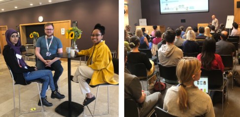 students sitting around table smiling and speaker and students attending the symposium